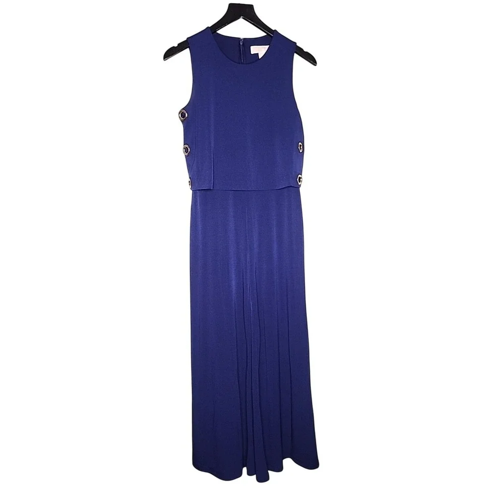 Michael‎ Kors Jumpsuit Sleeveless Wide Leg Navy Blue XS Gold Grommet Layered